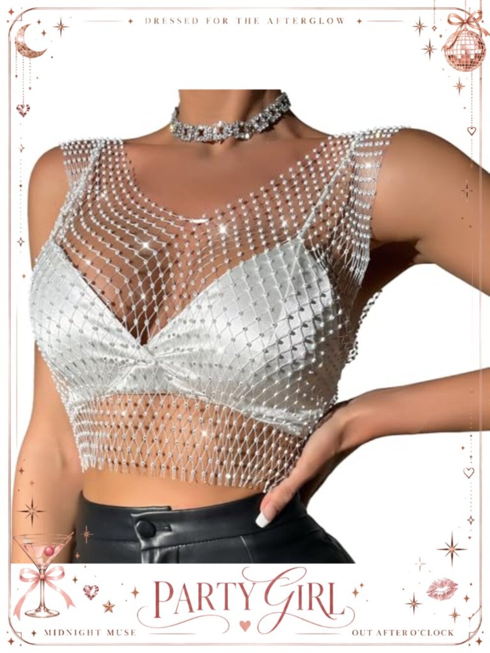 Women's Rhinestone Mesh Sheer Crop Top See Through Club Rave Festival Shirt